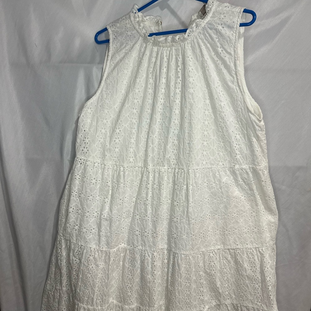 LOFT white eyelet tiered swing dress with a ruffle neck size XL, like new